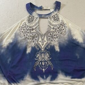 Venus Womens Large Blue White Tie Dye Halter Peplum Top Embellished Boho
